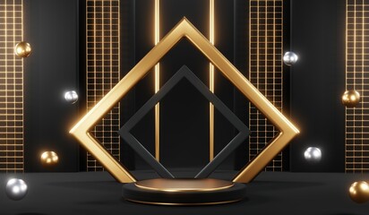 Fototapeta na wymiar Stylish and contemporary 3D render black podium background perfect for any professional presentation, keynote or event. Its modern and sleek design adds sophistication to your product demo or show