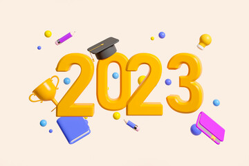 2023 and graduation cap with champion cup on beige background