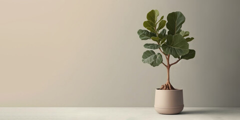 Beige empty wall background with fiddle leaf tree. copy space for text. Generative AI