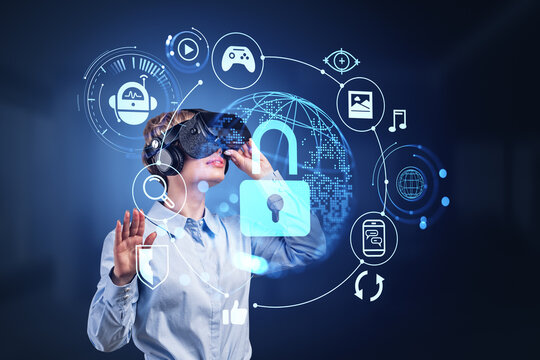 Businesswoman in vr glasses, earth sphere with digital hologram