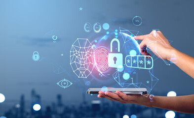 Woman hand with phone, finger touch digital hologram with data protection