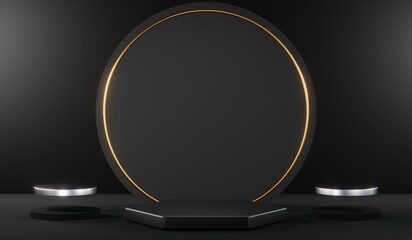 Stylish and contemporary 3D render black podium background perfect for any professional presentation, keynote or event. Its modern and sleek design adds sophistication to your product demo or show