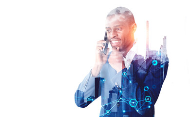 African businessman talking on phone and digital network, cityscape. Copy space