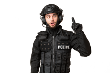 SWAT over isolated chroma key background thinking an idea pointing the finger up