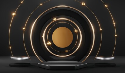 Stylish and contemporary 3D render black podium background perfect for any professional presentation, keynote or event. Its modern and sleek design adds sophistication to your product demo or show