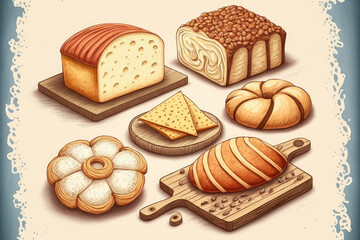 baked bread assortment on a white wooden background. Generative AI