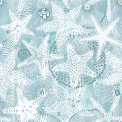Fototapeta na wymiar Marine background. Starfish on blue watercolor background. Seamless vector pattern. Perfect for wallpaper, wrapping, fabric and textile.