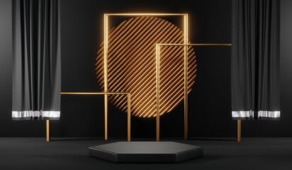 Stylish and contemporary 3D render black podium background perfect for any professional presentation, keynote or event. Its modern and sleek design adds sophistication to your product demo or show