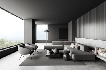 Grey chill room interior with couch and shelf with decoration and window