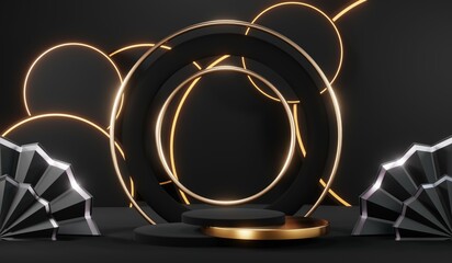 Stylish and contemporary 3D render black podium background perfect for any professional presentation, keynote or event. Its modern and sleek design adds sophistication to your product demo or show