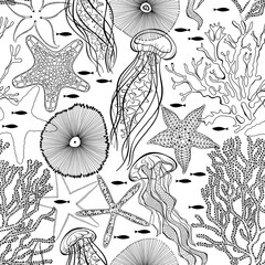 Underwater world. Seamless vector pattern on white. Perfect for design templates, wallpaper, wrapping, fabric and textile. - 568349219