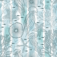 Sea. Seamless vector pattern with underwater plants,  sea creatures on blue watercolor background. Perfect for design templates, wallpaper, wrapping, fabric and textile.
