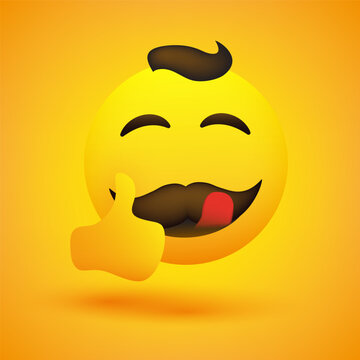 Smiling, Mouth Licking Male Emoji with Mustache and Hair Showing Thumbs Up - Simple Happy Emoticon on Yellow Background - Vector Design for Web and Instant Messaging