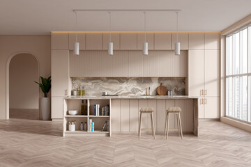 Light kitchen interior with bar countertop and seats near panoramic window