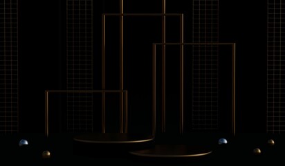Obraz premium Stylish and contemporary 3D render black podium background perfect for any professional presentation, keynote or event. Its modern and sleek design adds sophistication to your product demo or show