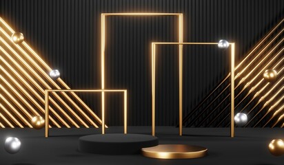 Stylish and contemporary 3D render black podium background perfect for any professional presentation, keynote or event. Its modern and sleek design adds sophistication to your product demo or show