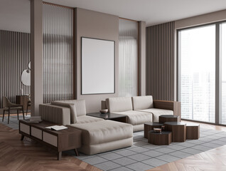 Naklejka na ściany i meble Corner view on bright studio room interior with sofa, armchairs