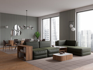 Grey living room interior with couch and eating corner, panoramic window