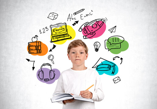 Pondering handsome boy in casual wear standing holding notebook - Powered by Adobe