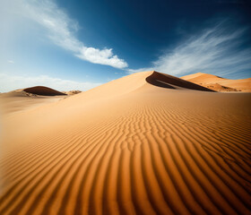 Fototapeta na wymiar Sand dunes in the desert. Sand ripples and blue sky, sunny day. Generative AI