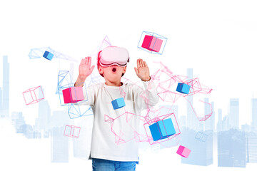 Kid boy in vr headset, data blocks in metaverse and skyscrapers