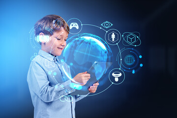 Kid with tablet in hands, virtual reality hologram with diverse icons