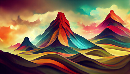 Fototapeta na wymiar Colorful abstract mixed media grunge landscape background. Modern nature design. 3D illustration. Generative Ai