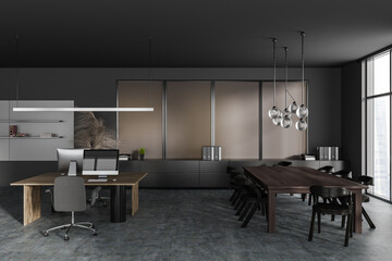 Grey office interior with coworking and meeting area near panoramic window