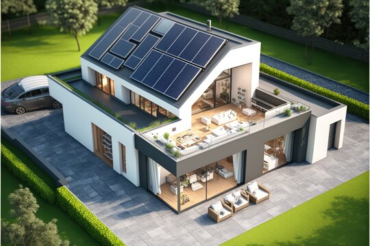 echo-friendly modern house with a Roof with solar panels generative ai sustainability scene
