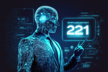 metaverse businessman pointing at a digital dashboard in a hologram blue background generative ai background