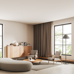 Light relax interior with couch, armchair with drawer and panoramic window