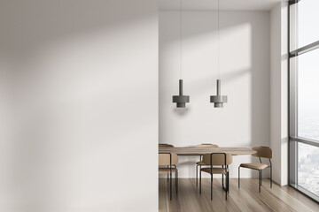 Light conference room interior with work table and window. Mockup wall