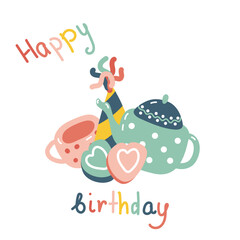 Vector birthday card with cupcake. Collection of mug, hat and cupcake	