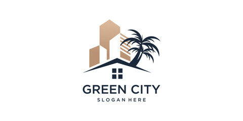 Green building logo idea with fresh concept design Premium Vector