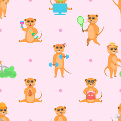 Seamless Pattern Abstract Elements Animal Meerkats Wildlife Vector Design Style Background Illustration Texture For Prints Textiles, Clothing, Gift Wrap, Wallpaper, Pastel