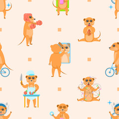 Seamless Pattern Abstract Elements Animal Meerkats Wildlife Vector Design Style Background Illustration Texture For Prints Textiles, Clothing, Gift Wrap, Wallpaper, Pastel