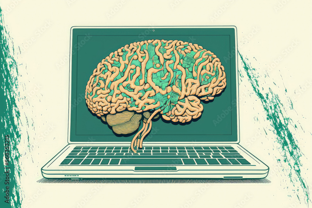 Poster sketch of the human brain from a creative artificial intelligence notion on a contemporary laptop sc