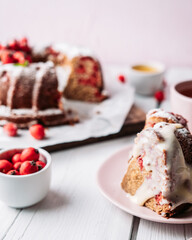 Piece of bundt cake with white chocolate icing
