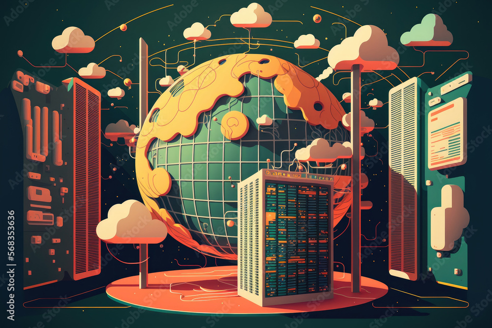 Poster image of a globe and data processing over a server room. image representing the cloud computing and 
