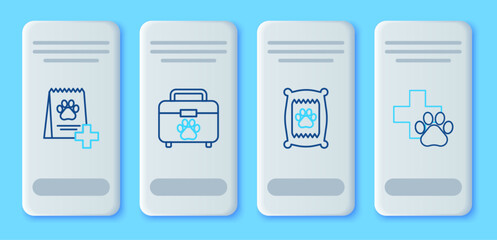 Set line Pet first aid kit, Bag of food for dog, and Veterinary clinic symbol icon. Vector