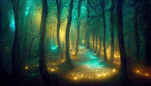 Fantasy and fairytale magical forest with purple and cyan light lighting pathway. Digital painting landscape. Generative Ai