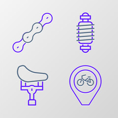 Set line Location with bicycle, Bicycle seat, suspension and chain icon. Vector