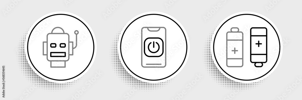 Poster set line battery, robot and turn off robot from phone icon. vector