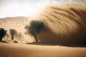 Sandstorm in the desert. Sand and dust, wild dry landscape. Generative AI