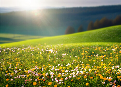 Beautiful natural spring summer landscape of a flowering meadow in a hilly area on a bright sunny day. Many flowers in a field in green grass. Small zone of sharpness.