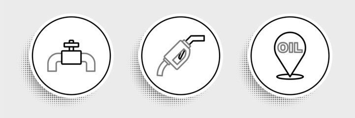 Set line Refill petrol fuel location, Metallic pipes and valve and Gasoline pump nozzle icon. Vector