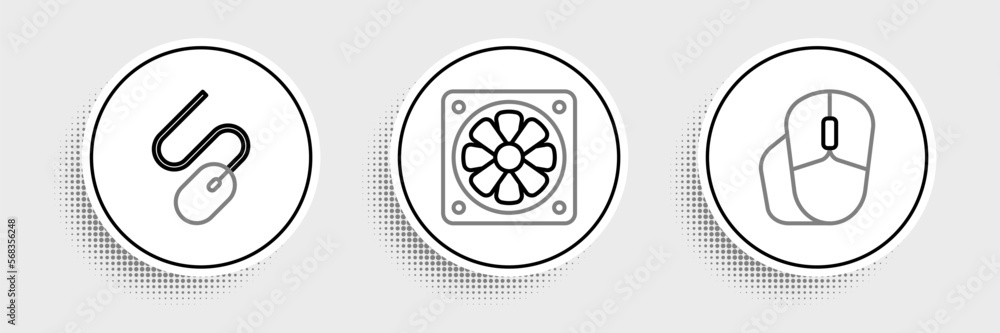 Poster set line computer mouse, and cooler icon. vector