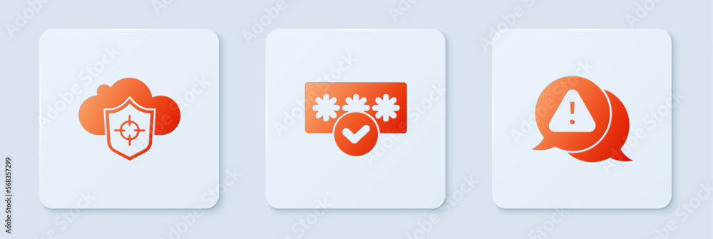 Poster set password protection, cloud and shield and exclamation mark in triangle. white square button. vec