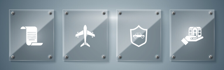 Set House in hand, Car with shield, Plane and Document. Square glass panels. Vector