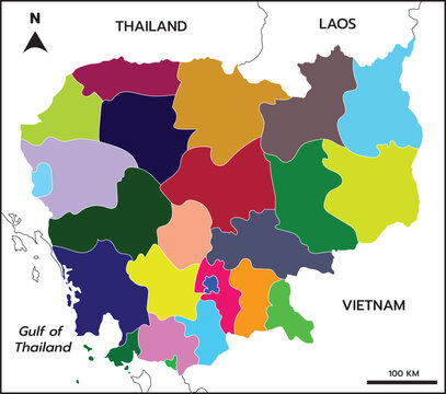 Cambodia map. High detailed with colorful device province include border countries, Thailand, Laos, Vietnam